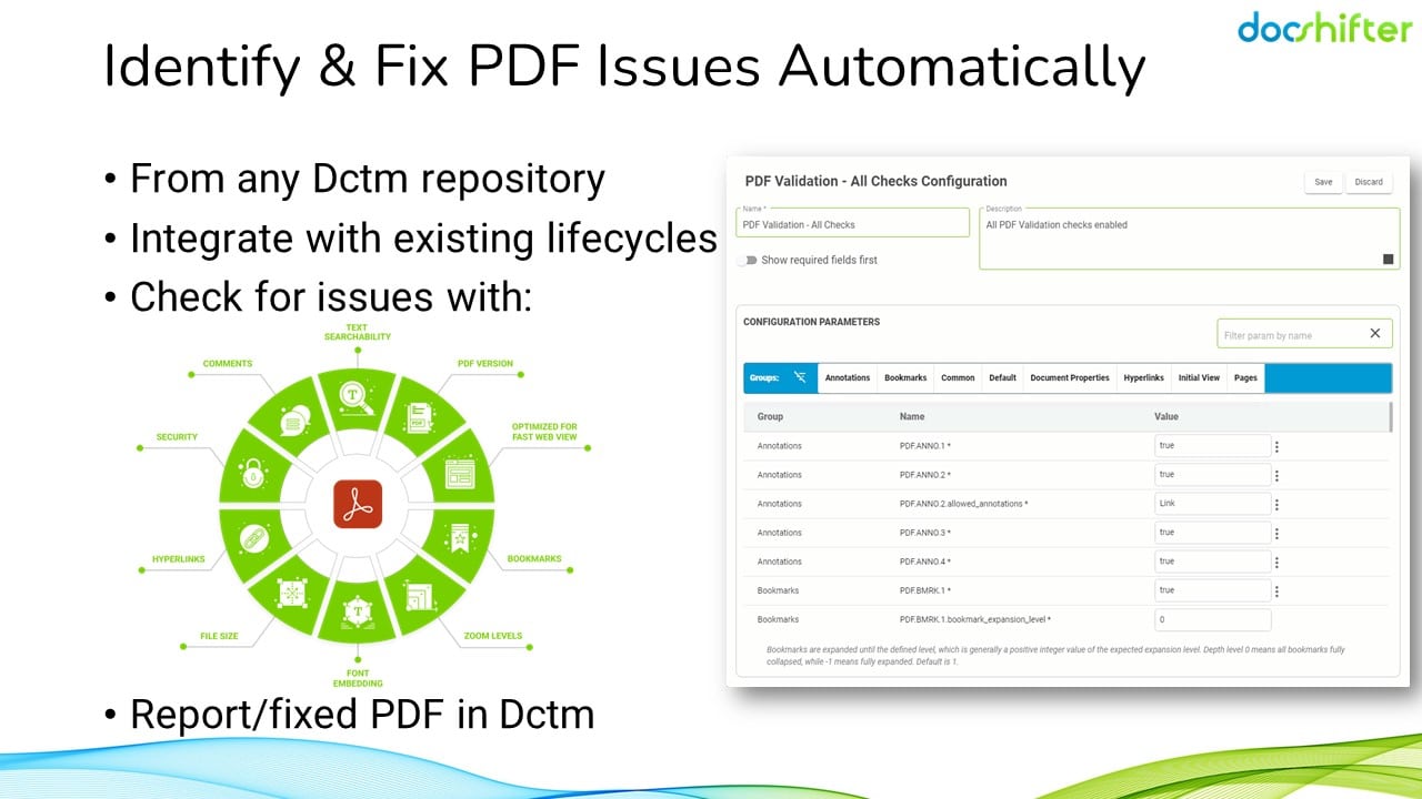 Rather than using multiple tools and plugins to manually identify these issues, PDFValidator automatically checks your PDFs and stores the results as a report back in OpenText Documentum. Many of the errors can also be automatically fixed and a new PDF version created. The report will identify any remaining issues, so you can make any final changes a lot faster: saving you valuable time. 