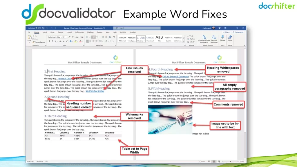Example fixes in Microsoft Word in Microsoft SharePoint by DocShifter DocValidator. Fix styling and formatting issues automatically, directly in Microsoft SharePoint.